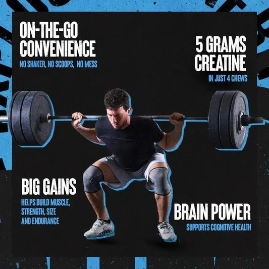 Man performing barbell squat showcasing creatine benefits for muscle, strength, endurance, and brain power