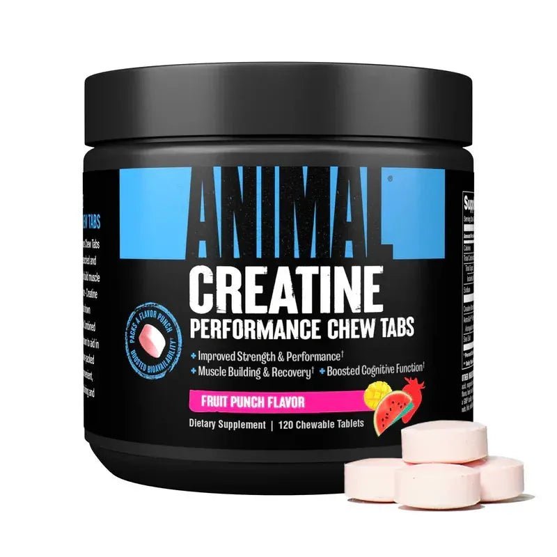 Animal Creatine performance chew tabs fruit punch flavor supplement container with tablets