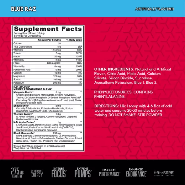 BSN - N.O. XPLODE - Blue Raz 30serv - Pre - Workout - Animal Supps | Sports Nutrition & Supplement Store | Vineland, NJ