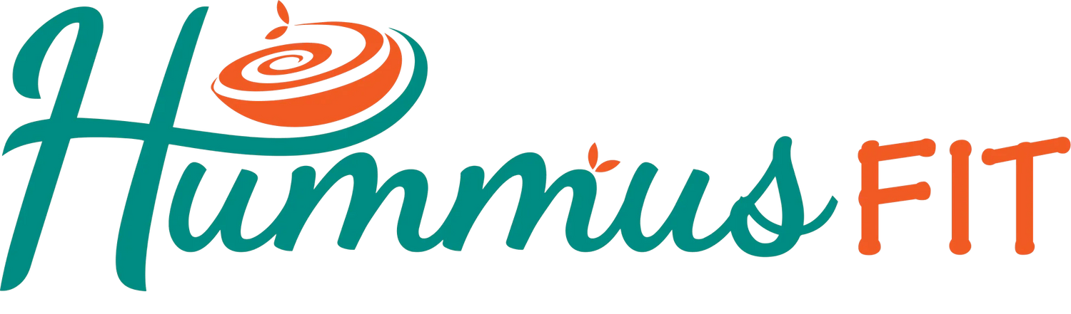 Hummus Fit logo with teal script and orange accent of chickpea swirl and text