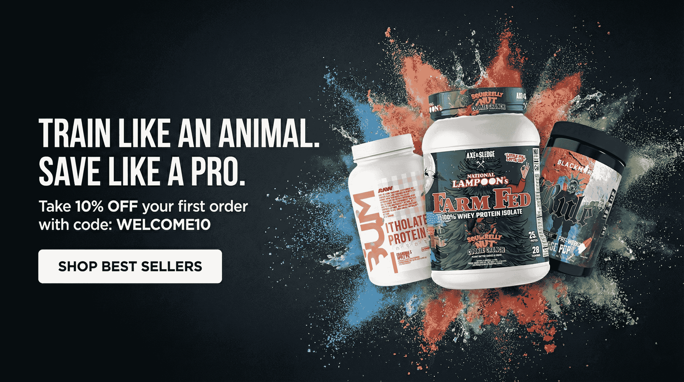 Supplement products with colorful powder splash on a dark background, promotional text overlay.