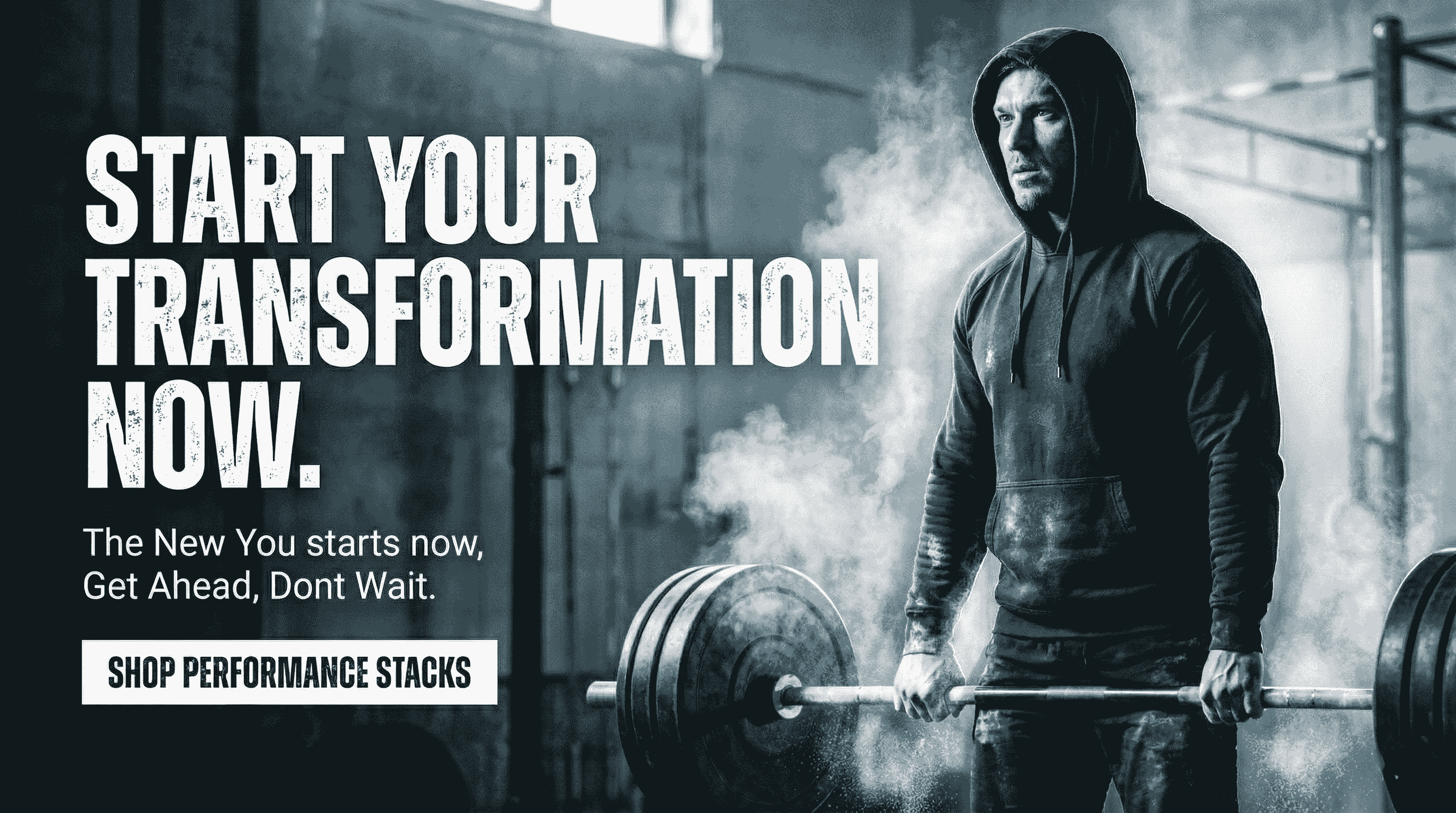 Person lifting weights with motivational text about transformation and performance stacks.