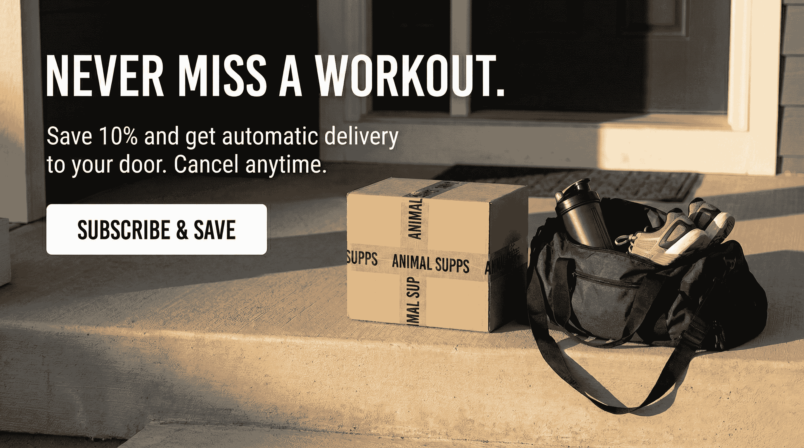 Package and gym bag on a doorstep with promotional text for a fitness subscription service.