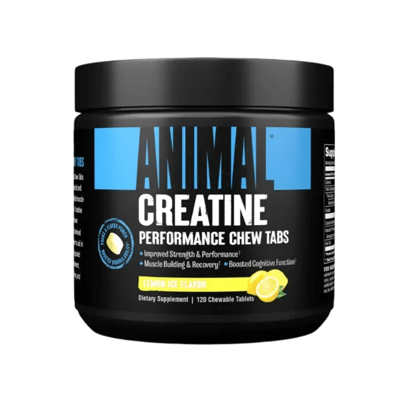 Animal Creatine Performance Chew Tabs lemon ice flavor dietary supplement jar with 120 chewable tablets