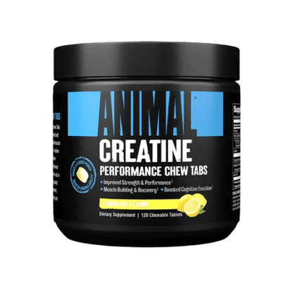 Animal Creatine Performance Chew Tabs lemon ice flavor dietary supplement jar with 120 chewable tablets