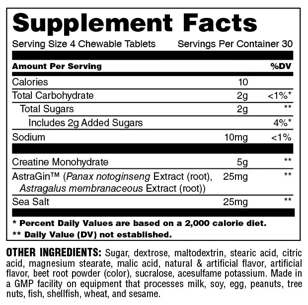 Supplement facts label showing Creatine Monohydrate 5g, AstraGin extract 25mg per serving, 30 servings