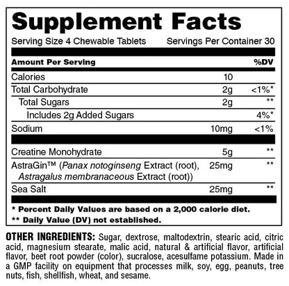 Supplement facts label showing Creatine Monohydrate 5g, AstraGin extract 25mg per serving, 30 servings