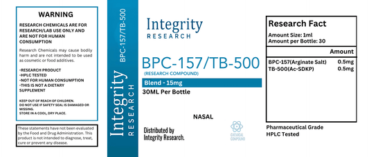 Integrity Research - TB - 500/BPC - 157 (Nasal Spray) - 1mg (0.5mg+0.5mg)/ml 30mg (15mg+15mg)/30ml - Peptides - Animal Supps | Sports Nutrition & Supplement Store | Vineland, NJ